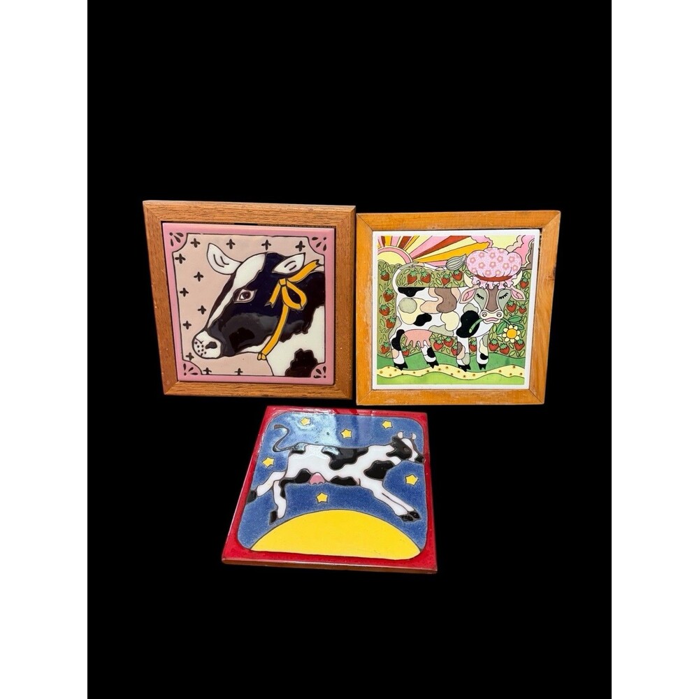Vtg Lot Of 3 Tile Trivets Whimsical Wall Hanging Cow Farm Southwestern Art Tile
